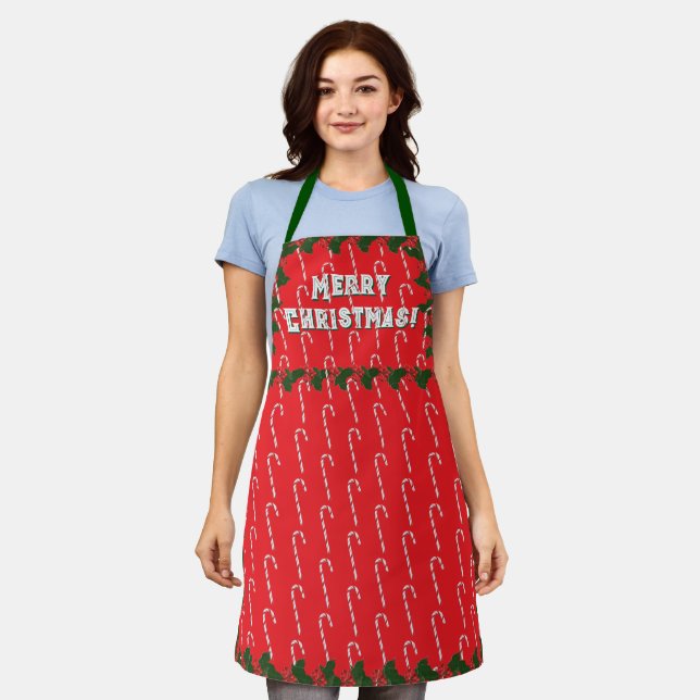 Cute Holly & Candy Cane Red Christmas Apron (Worn)