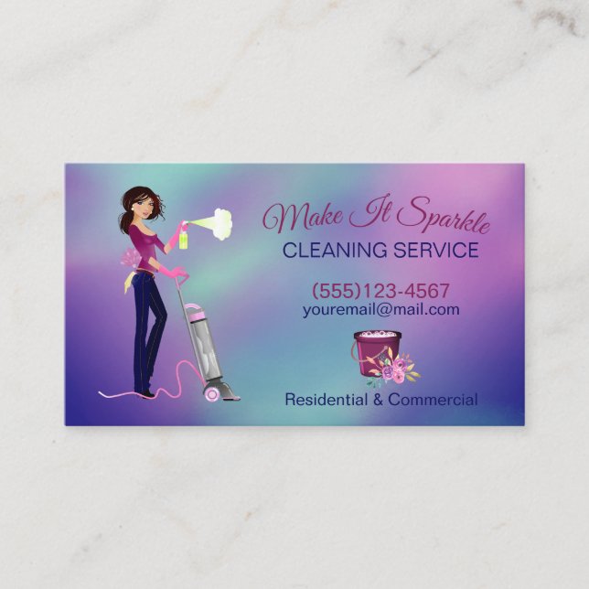Cute Holograph Cartoon Maid Cleaning Services Business Card (Front)