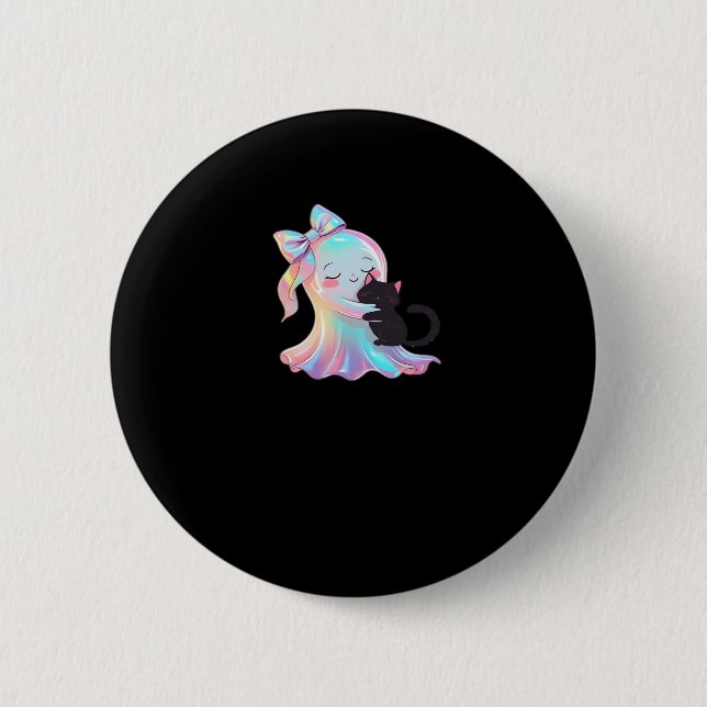 Cute Holographic Ghost Hugging Black Cat Cosy Girl 6 Cm Round Badge (Front)