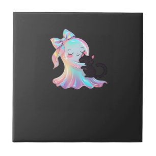 Cute Holographic Ghost Hugging Black Cat Cosy Girl Ceramic Tile