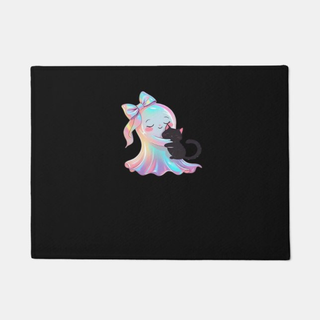 Cute Holographic Ghost Hugging Black Cat Cosy Girl Doormat (Front)