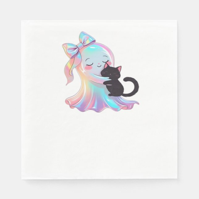 Cute Holographic Ghost Hugging Black Cat Cosy Girl Napkin (Front)