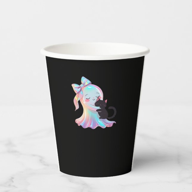 Cute Holographic Ghost Hugging Black Cat Cosy Girl Paper Cups (Front)