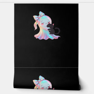 Cute Holographic Ghost Hugging Black Cat Cosy Girl Wallpaper