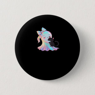 Cute Holographic Ghost Hugging Black Cat Cozy Girl 6 Cm Round Badge