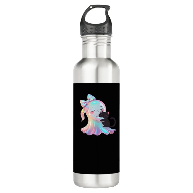 Cute Holographic Ghost Hugging Black Cat Cozy Girl 710 Ml Water Bottle (Front)