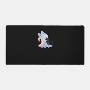 Cute Holographic Ghost Hugging Black Cat Cozy Girl Desk Mat