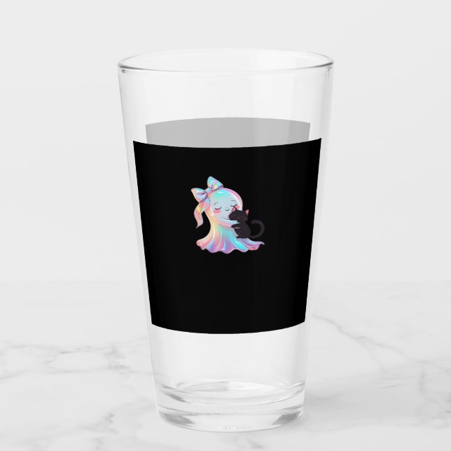 Cute Holographic Ghost Hugging Black Cat Cozy Girl Glass (Front)