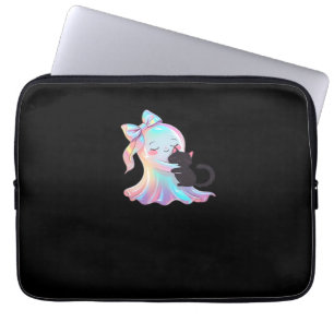 Cute Holographic Ghost Hugging Black Cat Cozy Girl Laptop Sleeve