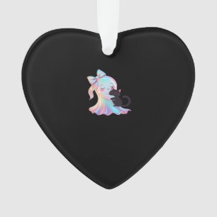 Cute Holographic Ghost Hugging Black Cat Cozy Girl Ornament