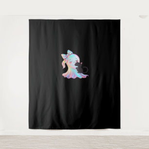Cute Holographic Ghost Hugging Black Cat Cozy Girl Tapestry