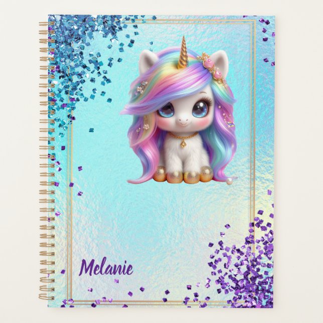 Cute holographic glitter Unicorn Notebook Planner (Front)