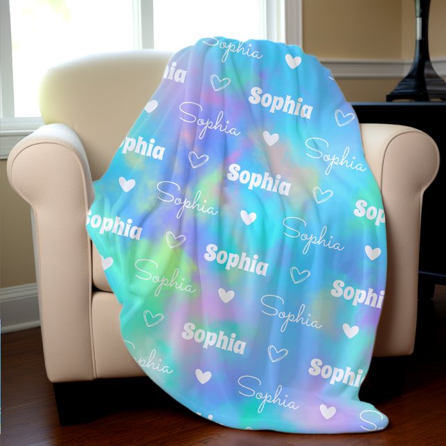 Cute holographic repeating name personalised girly fleece blanket (Creator Uploaded)