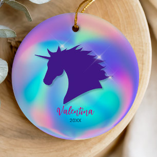 Cute holographic unicorn girly holiday keepsake ceramic ornament