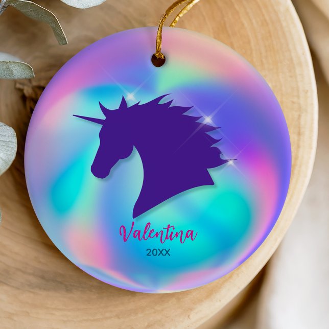 Cute holographic unicorn girly holiday keepsake ceramic ornament (Creator Uploaded)