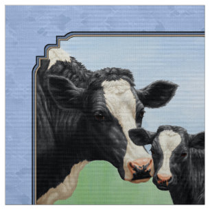 Cute Holstein Calf & Cow Sky Blue Fabric