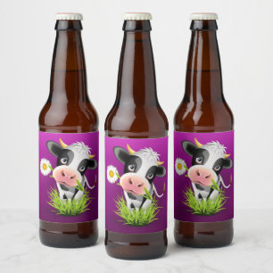 Cute Holstein cow in grass over purple Beer Bottle Label