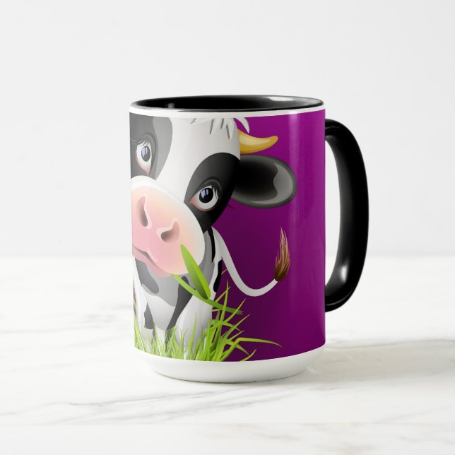 Cute Holstein cow in grass over purple Mug (Front Right)