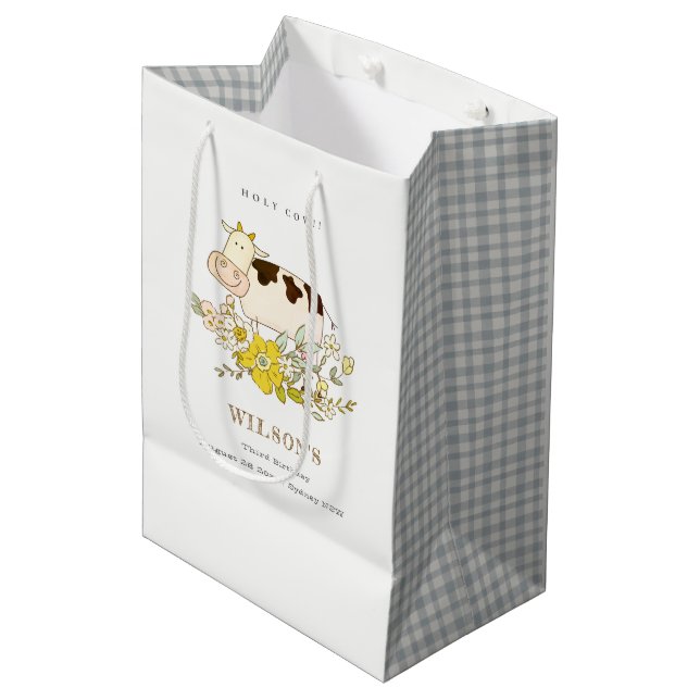 Cute Holy Cow Farm Floral Kids Any Age Birthday Medium Gift Bag (Front Angled)