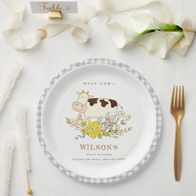 Cute Holy Cow Farm Floral Kids Any Age Birthday Paper Plate (Wedding)