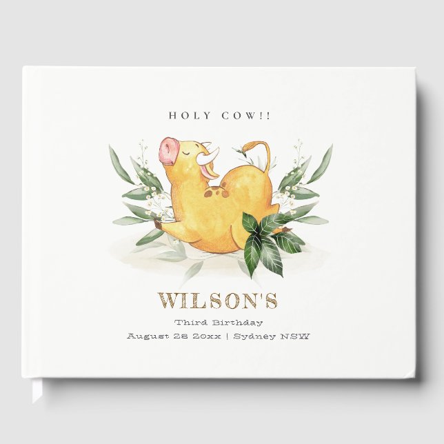 Cute Holy Cow Farm Foliage Kids Any Age Birthday Guest Book (Front)