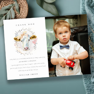 Cute Holy Cow Farm Kids Photo Any Age Birthday Thank You Card