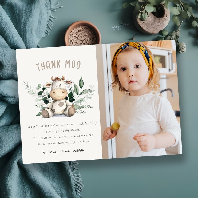 Cute Holy Cow Foliage Neutral Photo Kids Birthday Thank You Card (Creator Uploaded)
