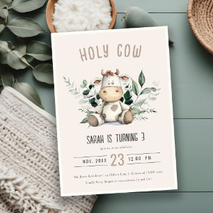 Cute Holy Cow Foliage Pastel Blush Kids Birthday Invitation