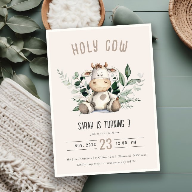 Cute Holy Cow Foliage Pastel Blush Kids Birthday Invitation (Creator Uploaded)