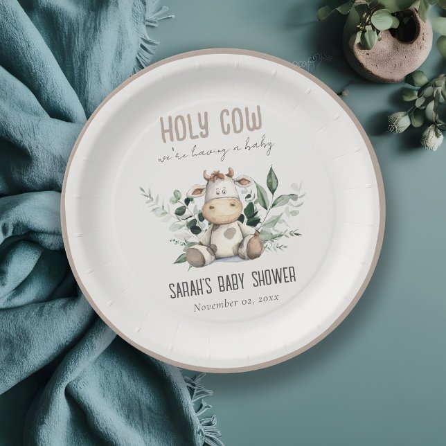 Cute Holy Cow Foliage Pastel Neutral Baby Shower Paper Plate (Creator Uploaded)