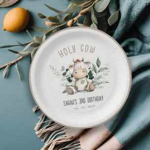 Cute Holy Cow Foliage Pastel Neutral Kids Birthday Paper Plate