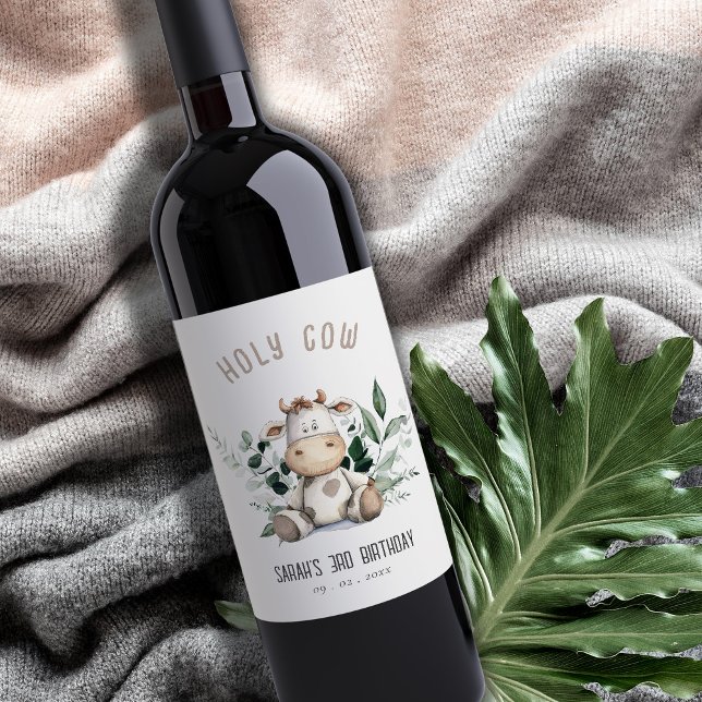 Cute Holy Cow Foliage Pastel Neutral Kids Birthday Wine Label (Creator Uploaded)