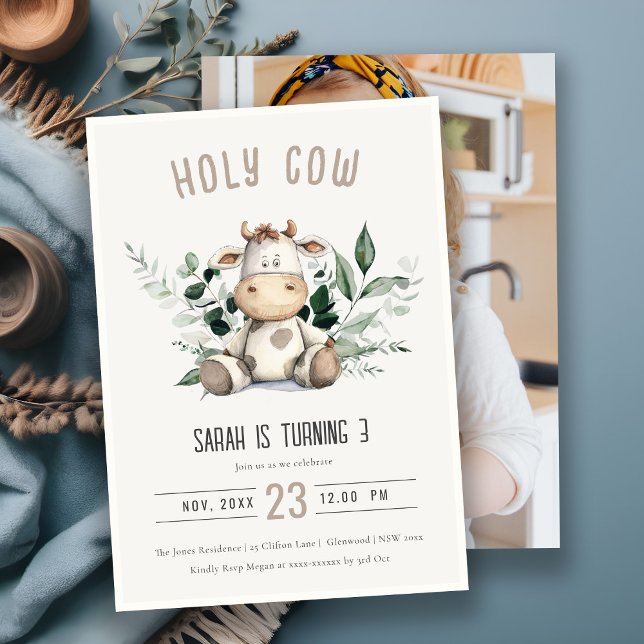 Cute Holy Cow Foliage Pastel Photo Kids Birthday Invitation (Creator Uploaded)