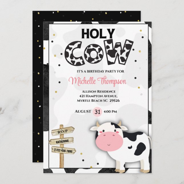 Cute Holy Cow Girls Birthday Party     Invitation (Front/Back)