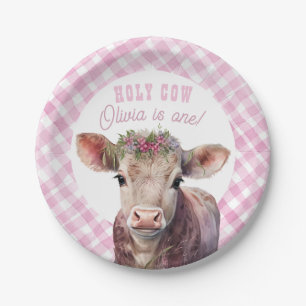 Cute Holy Cow I'm One Pink Plaid Birthday Party Paper Plate