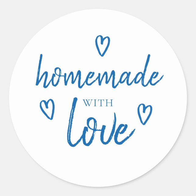 Cute Homemade With Love Blue White Classic Round Sticker (Front)
