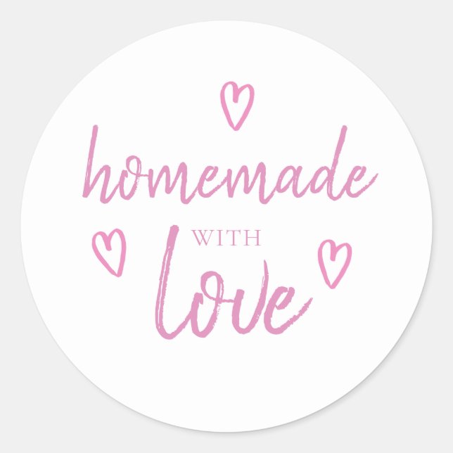Cute Homemade With Love Fuchsia Pink White Classic Round Sticker (Front)