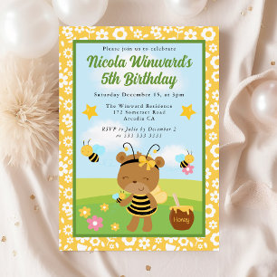 Cute Honey Bear and Bees Kids Birthday  Invitation