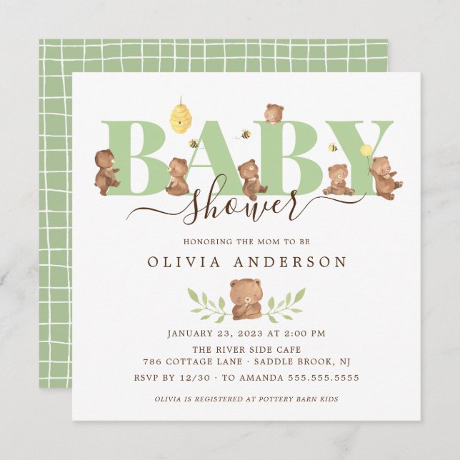 Cute Honey Bear Baby Shower Invitation (Front/Back)