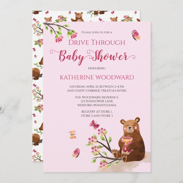 Cute Honey Bear Drive Through Girl Baby Shower Inv Invitation (Front/Back)