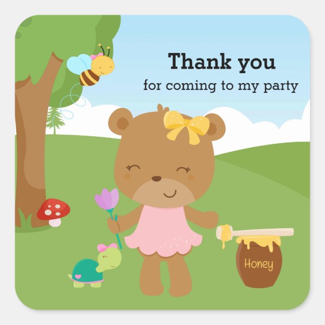 Cute honey bear square sticker (Front)