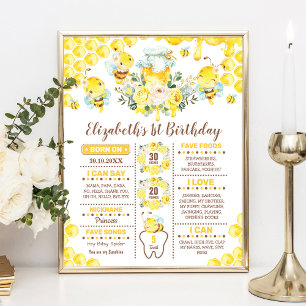 Cute Honey Bee 1st Birthday Stats Milestone Poster