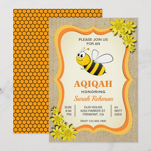Cute Honey Bee Baby Girl Aqiqah Invitation (Front/Back)