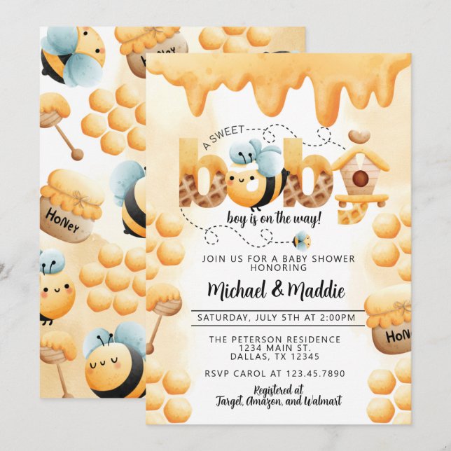Cute Honey Bee Baby Shower Invitation Invite (Front/Back)