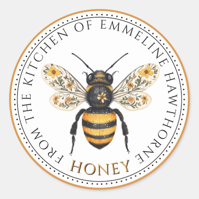 Cute Honey Bee Floral Honey Label (Front)