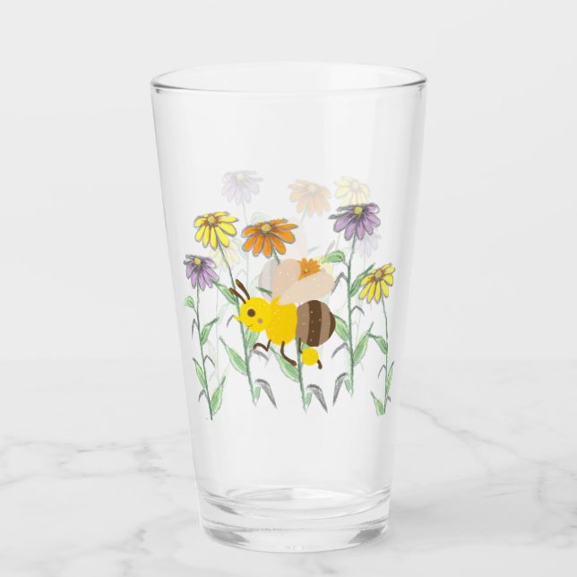 Cute Honey Bee Spring Cosmos Flowers Glass (Front)