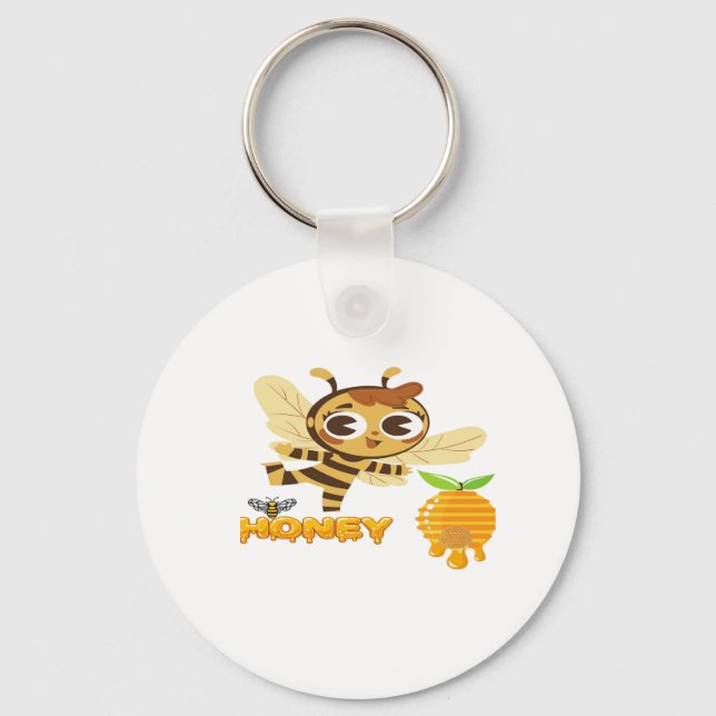 Cute Honey Bee with Dripping Honey Typography Desi Key Ring (Front)
