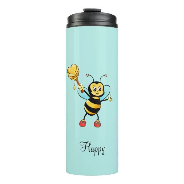 Cute Honey Bee with Heart & Calligraphy on Teal Thermal Tumbler (Front)