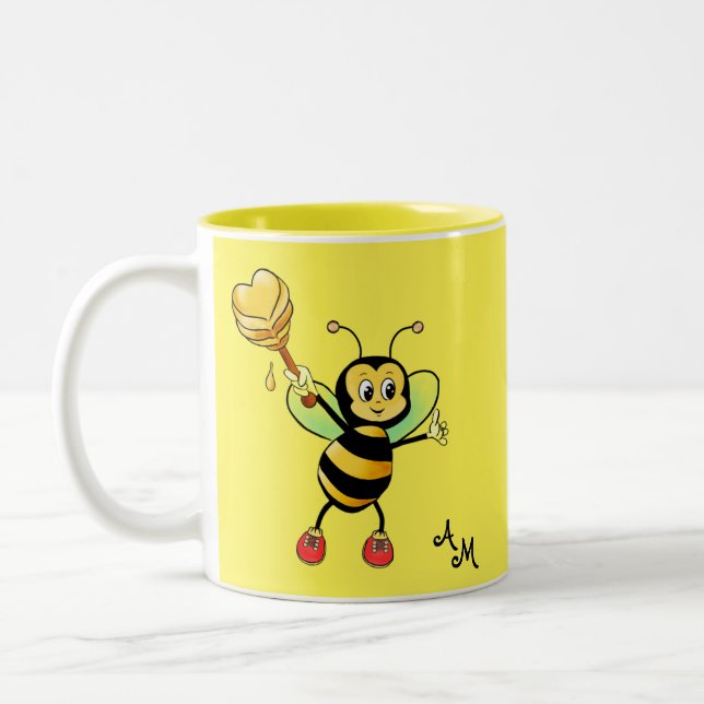 Cute Honey Bee with Heart & Monogram on Yellow Two-Tone Coffee Mug (Left)