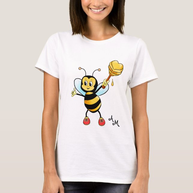 Cute Honey Bee with Heart & Monogram T-Shirt (Front)